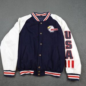 Steve & Barrys Varsity Jacket Mens Small Blue USA Eagle Flag Patriotic Snap